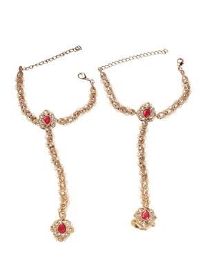women's gold plated red kundan pearl hathphool set of 2 2