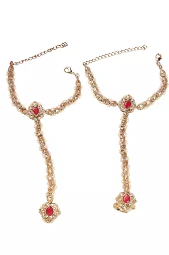 women's gold plated red kundan pearl hathphool set of 2