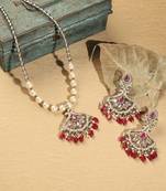 Flower shape mother of pearl red unkut kundan antique gold plated princess necklace set for women