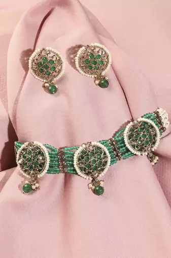 Round shape mother of pearl green kundan stone antique gold plated collar necklace set for women