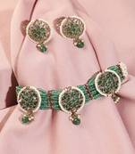 Round shape mother of pearl green kundan stone antique gold plated collar necklace set for women