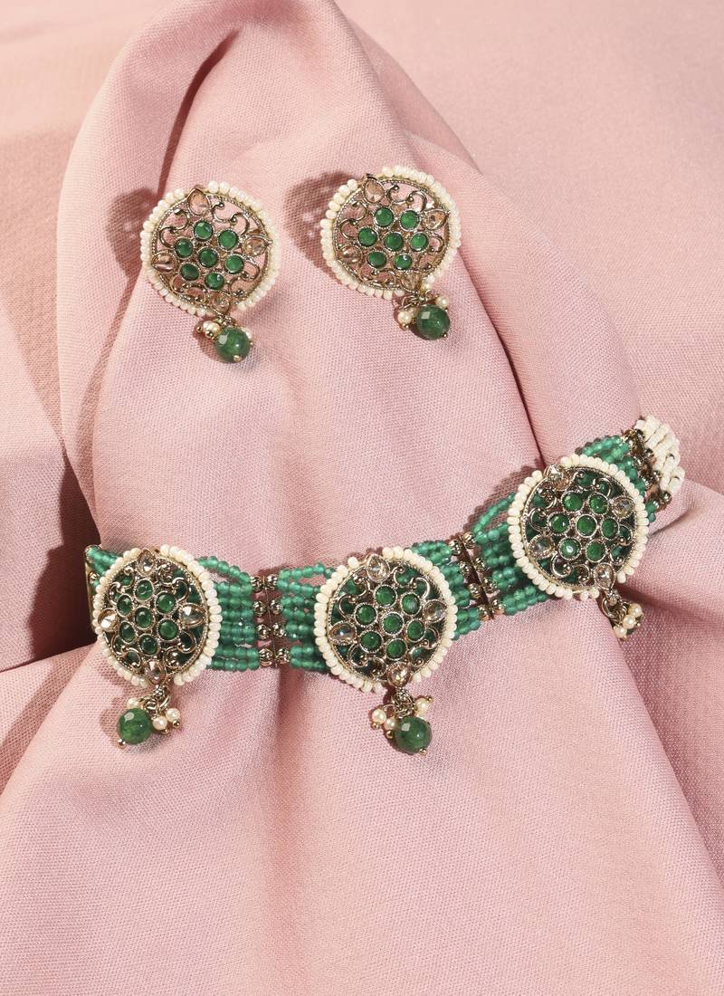 Round shape mother of pearl green kundan stone antique gold plated collar necklace set for women
