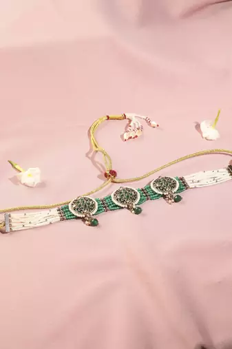 Round shape mother of pearl green kundan stone antique gold plated collar necklace set for women