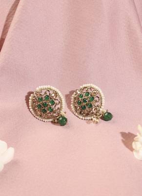 Round shape mother of pearl green kundan stone antique gold plated collar necklace set for women 3