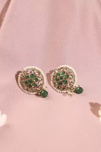 Round shape mother of pearl green kundan stone antique gold plated collar necklace set for women