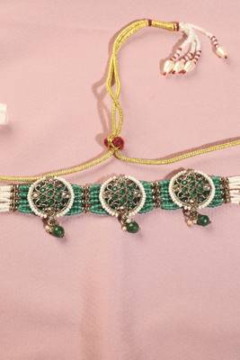 Round shape mother of pearl green kundan stone antique gold plated collar necklace set for women 4