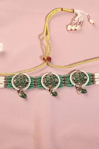 Round shape mother of pearl green kundan stone antique gold plated collar necklace set for women
