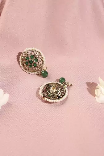 Round shape mother of pearl green kundan stone antique gold plated collar necklace set for women