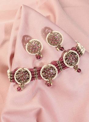 Royal round shape mother of pearl red kundan stone antique gold plated collar necklace set for women 1