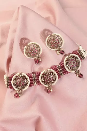 Royal round shape mother of pearl red kundan stone antique gold plated collar necklace set for women