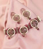 Royal round shape mother of pearl red kundan stone antique gold plated collar necklace set for women