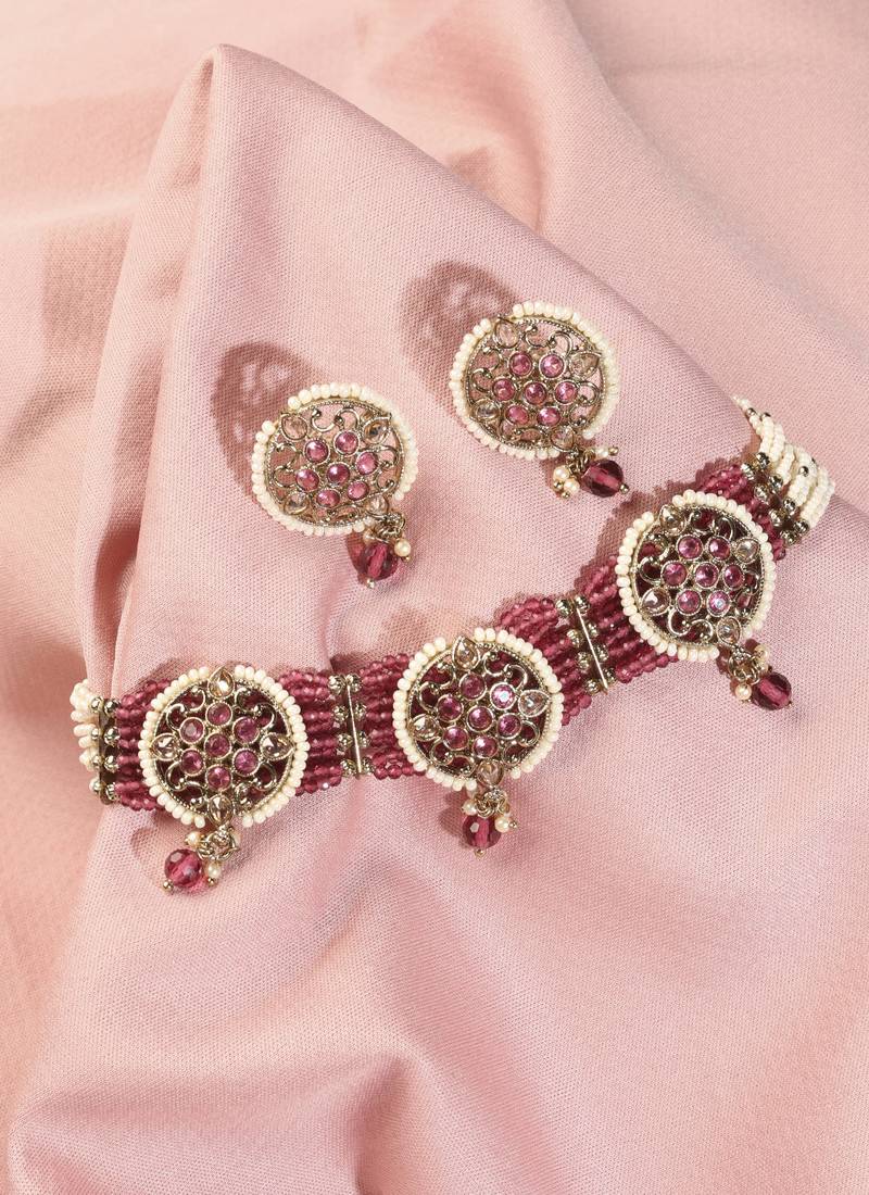 Royal round shape mother of pearl red kundan stone antique gold plated collar necklace set for women