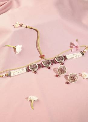 Royal round shape mother of pearl red kundan stone antique gold plated collar necklace set for women 2