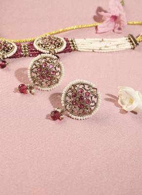 Royal round shape mother of pearl red kundan stone antique gold plated collar necklace set for women 3