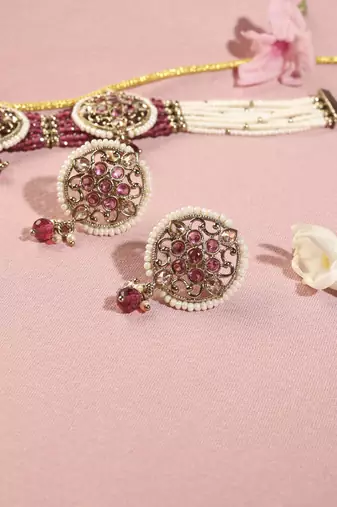 Royal round shape mother of pearl red kundan stone antique gold plated collar necklace set for women