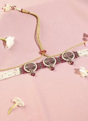Royal round shape mother of pearl red kundan stone antique gold plated collar necklace set for women 4