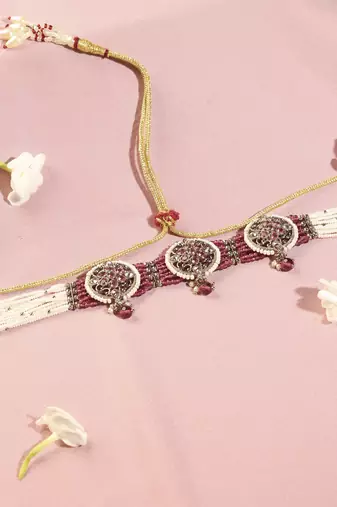 Royal round shape mother of pearl red kundan stone antique gold plated collar necklace set for women