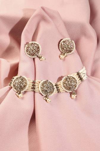 Round shape mother of pearl white kundan stone antique gold plated collar necklace set for women