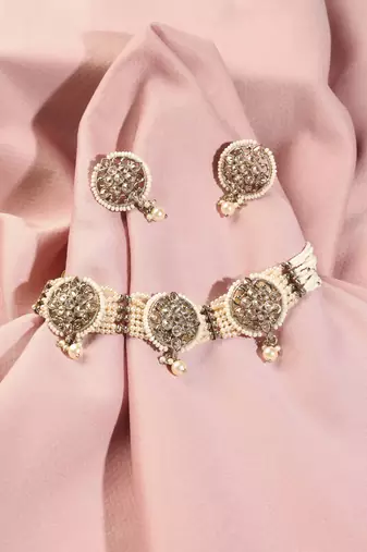 Round shape mother of pearl white kundan stone antique gold plated collar necklace set for women