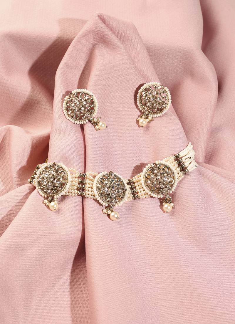 Round shape mother of pearl white kundan stone antique gold plated collar necklace set for women