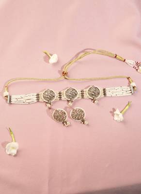 Round shape mother of pearl white kundan stone antique gold plated collar necklace set for women 2