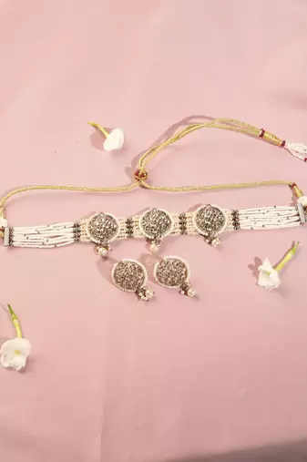 Round shape mother of pearl white kundan stone antique gold plated collar necklace set for women