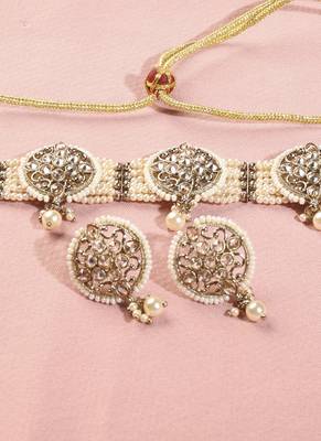 Round shape mother of pearl white kundan stone antique gold plated collar necklace set for women 3