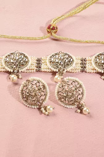 Round shape mother of pearl white kundan stone antique gold plated collar necklace set for women