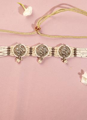 Round shape mother of pearl white kundan stone antique gold plated collar necklace set for women 4