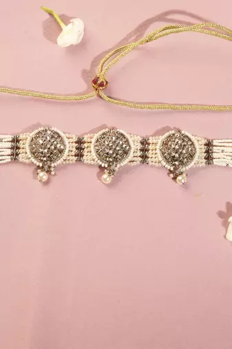 Round shape mother of pearl white kundan stone antique gold plated collar necklace set for women
