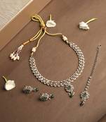 Flower and oval shape green kundan stone gold plated choker necklace set with maang tikka for women