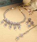 Flower and round shape pink kundan stone gold plated choker necklace set with maang tikka for women