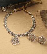 Round circle shape sky blue kundan stone gold plated choker necklace set with maang tikka for women