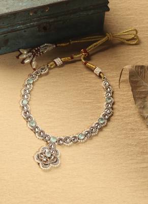 Round circle shape sky blue kundan stone gold plated choker necklace set with maang tikka for women 2
