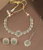 Flower shape pearl green kundan stone gold plated choker necklace set with maang tikka for women