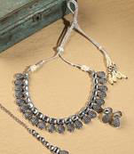 Oval shape silver kundan stone gold plated brass choker necklace set with maang tikka for women