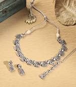 Square shape silver kundan stone gold plated brass choker necklace set with maang tikka for women