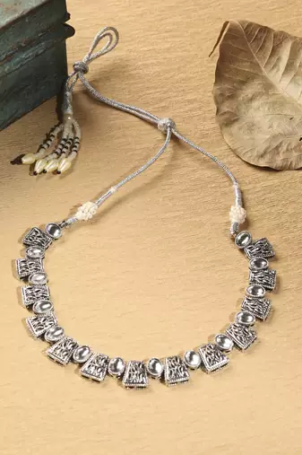 Square shape silver kundan stone gold plated brass choker necklace set with maang tikka for women