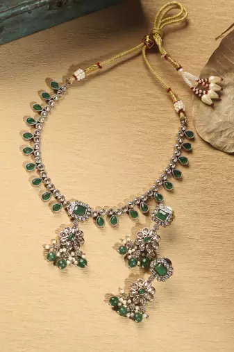 Flower and oval shape green kundan stone antique gold plated brass choker necklace set for women