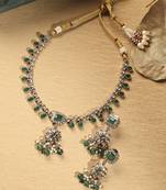 Flower and oval shape green kundan stone antique gold plated brass choker necklace set for women