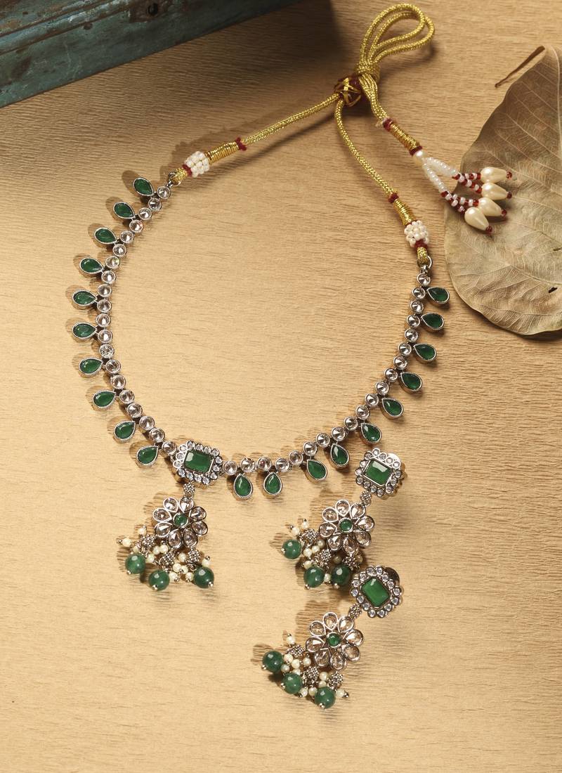 Flower and oval shape green kundan stone antique gold plated brass choker necklace set for women