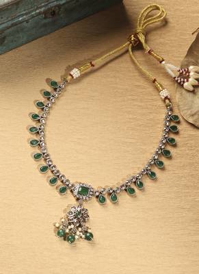 Flower and oval shape green kundan stone antique gold plated brass choker necklace set for women 2