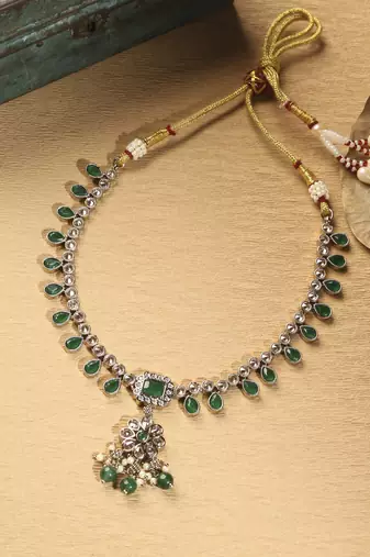 Flower and oval shape green kundan stone antique gold plated brass choker necklace set for women