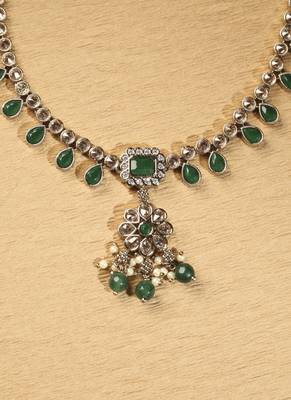 Flower and oval shape green kundan stone antique gold plated brass choker necklace set for women 4