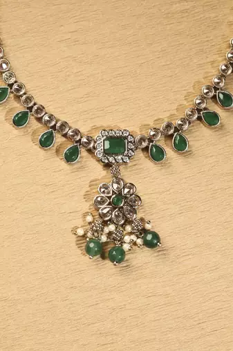 Flower and oval shape green kundan stone antique gold plated brass choker necklace set for women