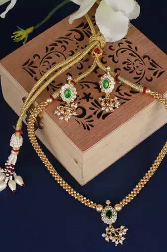 Round shape and small golden ball green kundan stone gold plated brass choker necklace set for women