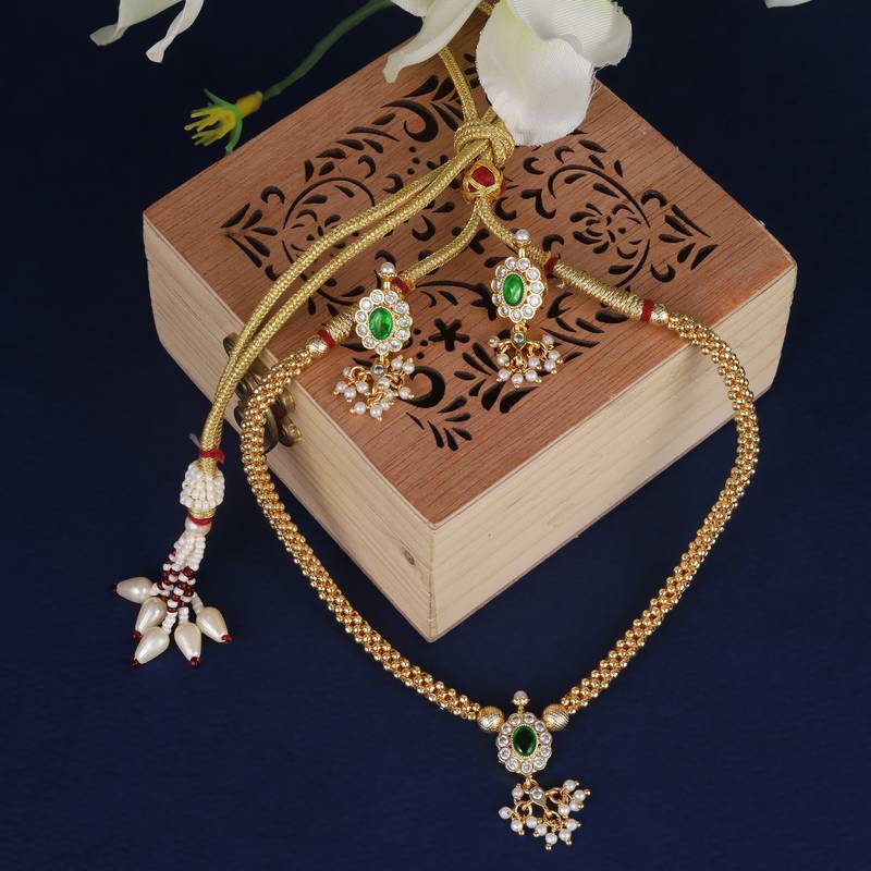 Round shape and small golden ball green kundan stone gold plated brass choker necklace set for women