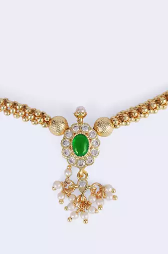 Round shape and small golden ball green kundan stone gold plated brass choker necklace set for women