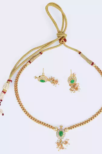 Round shape and small golden ball green kundan stone gold plated brass choker necklace set for women