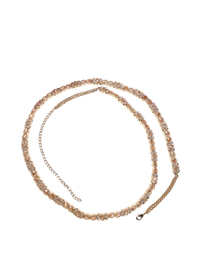 Designer oval shape and pearl brown kundan stone antique gold plated waist belt(kamarband) for women